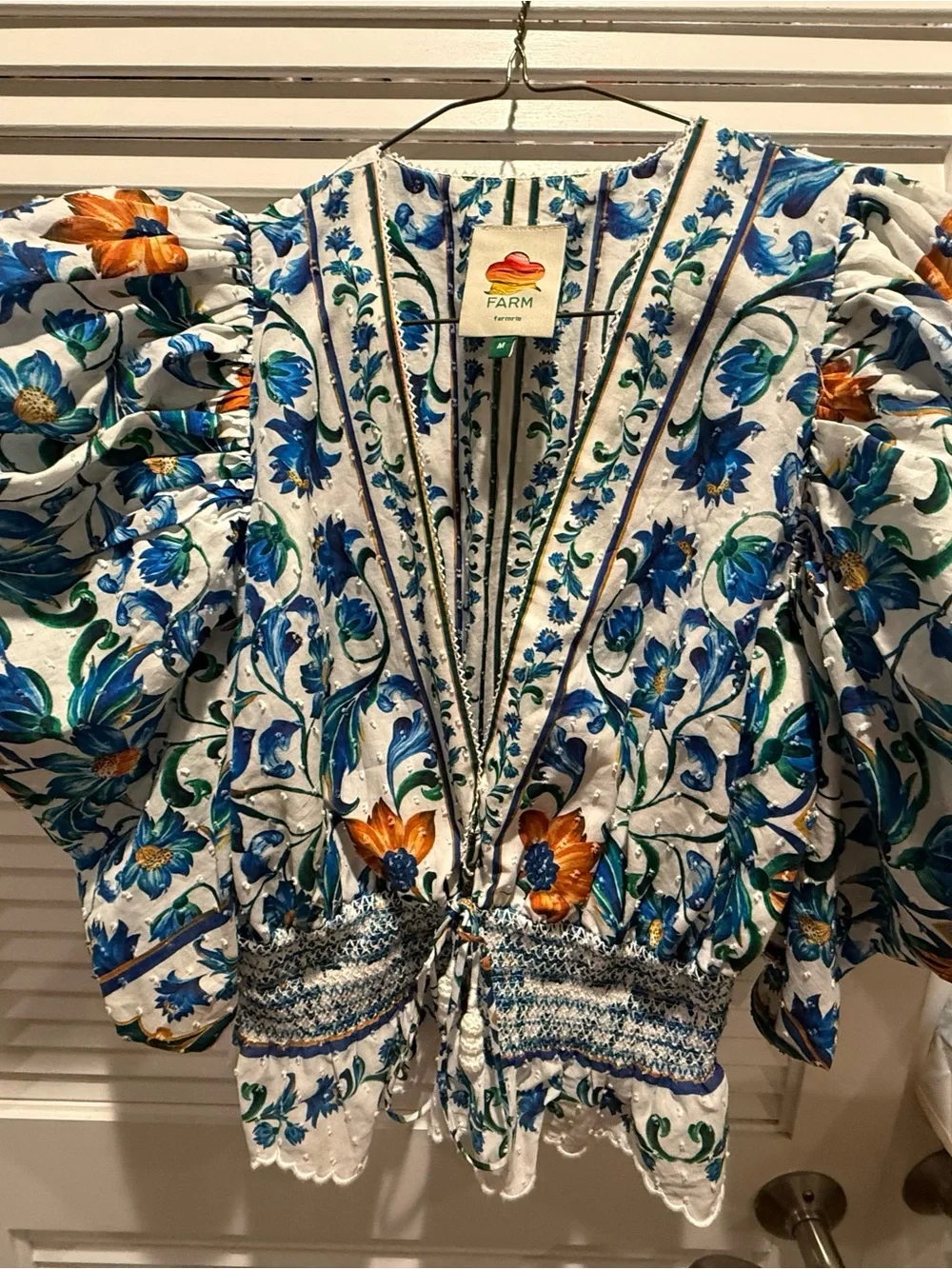 FARM Rio White Floral Puff-Sleeve V-Neck Top with Blue & Orange Blooms